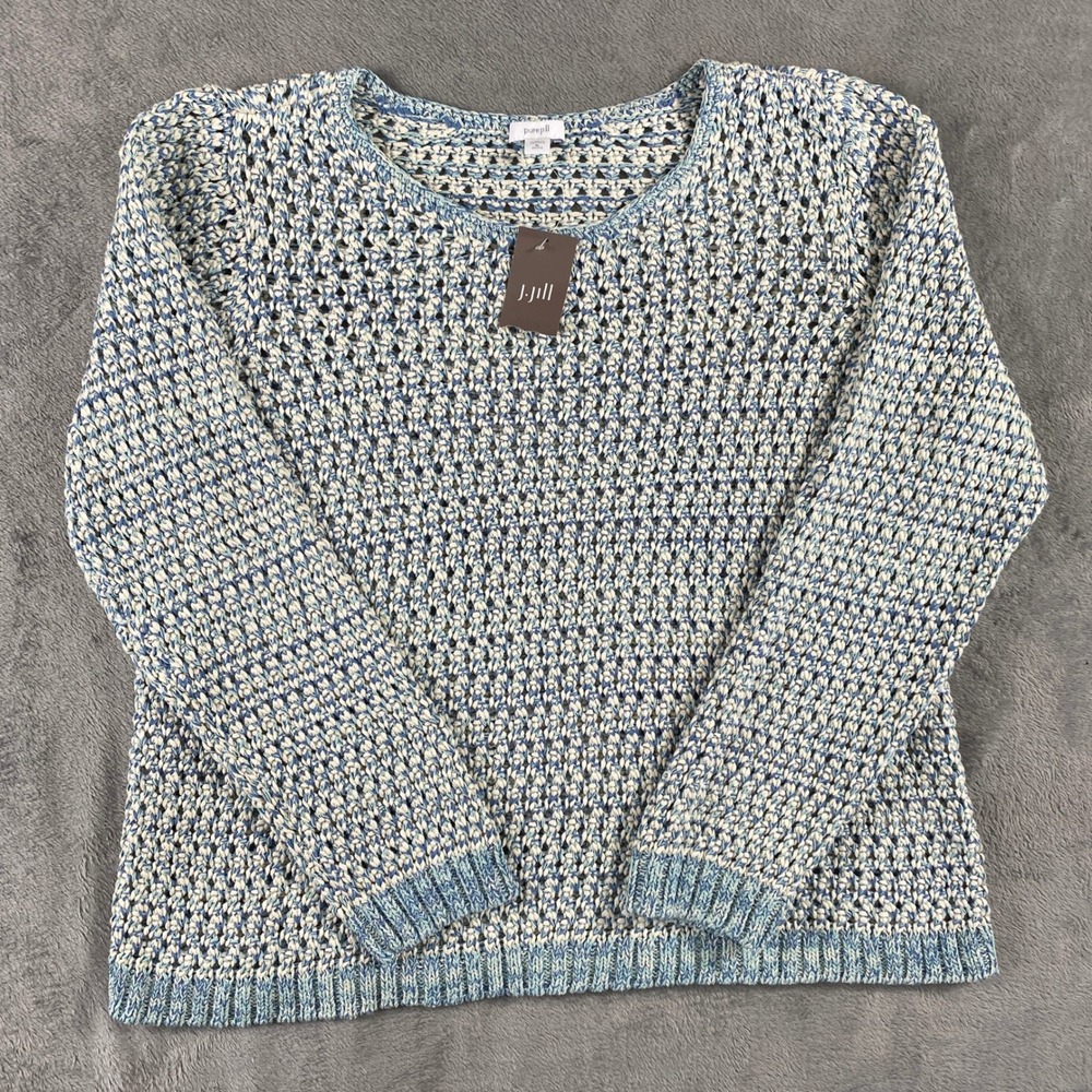 J. Jill Sweater Womens XLP Blue Pure Jill Open Stitch Cotton Blend 341292 NWT